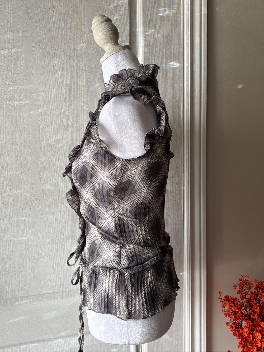 Y2K Costa Blanca Ruffled V-Neck Sheer Women's Blouse - Black & White Plaid - Picture 5 of 8